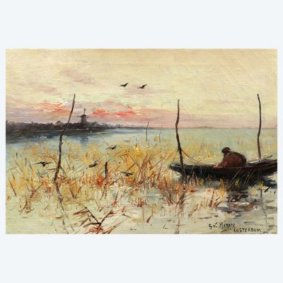 G. V. HAMERY, Pêcheur en barque aux environs d'Amsterdam en Hollande (tableau)