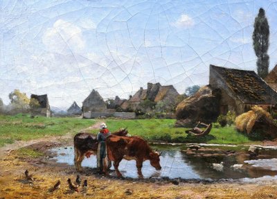 Louis Alexandre BOUCHÉ, „Bäuerin und Kühe an der Tränke“, Gemälde