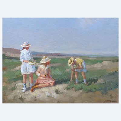 Joop VAN LEEUWEN, Jeunes filles cueillant des fleurs dans les dunes (tableau)