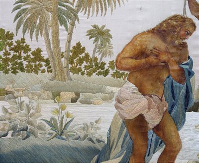 Il battesimo di Gesù Cristo da parte di Giovanni Battista: pannello religioso con ricamo e guazzo su seta