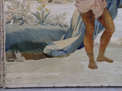 Il battesimo di Gesù Cristo da parte di Giovanni Battista: pannello religioso con ricamo e guazzo su seta