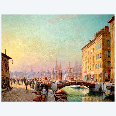 MEIFFREN Marius (1855-1942) "Vita sul molo del canale a Marsiglia" Provence Port