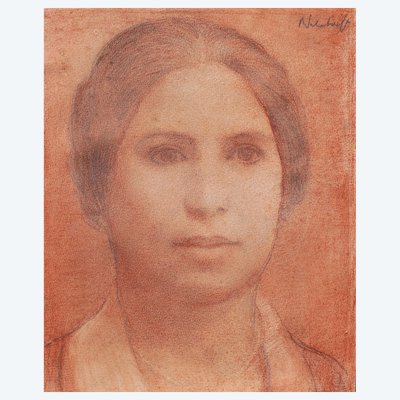 École FRANÇAISE, RUSSE ou ALLEMANDE circa 1920, Portrait de femme, dessin à la sanguine