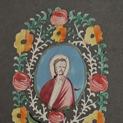 Canivet hand-painted gouache 18th-century decoration of a saint's paper lace