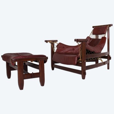 Fauteuil et repose-pieds en cuir, cordage et palissandre, Jean Gillon, années 60