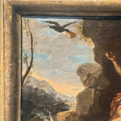 Antique painting from the 17th-century Neapolitan school, depicting Saint Elia, 62 x 52 cm. “The Miracle of the Crows”