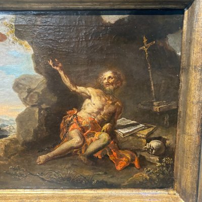 Antique painting from the 17th-century Neapolitan school, depicting Saint Elia, 62 x 52 cm. “The Miracle of the Crows”