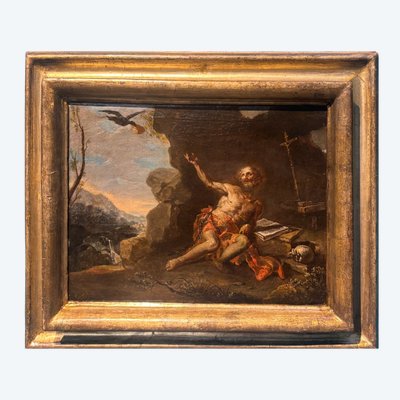 Antique painting from the 17th-century Neapolitan school, depicting Saint Elia, 62 x 52 cm. “The Miracle of the Crows”