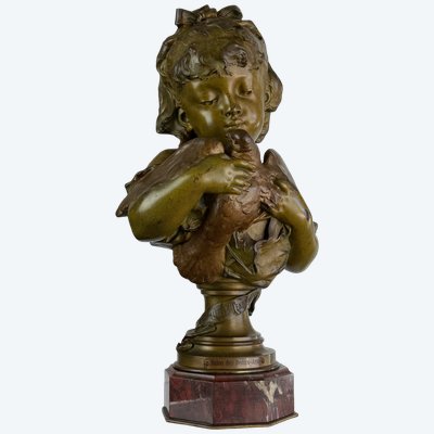 BRONZE A PATINE MORDORÉ SUR SOCLE EN MARBRE ROUGE DE LOUIS EMILE CANA DU XIXe