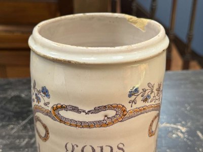 Pot de pharmacie début XIXème en faience à décor de rameaux et orné de serpents 