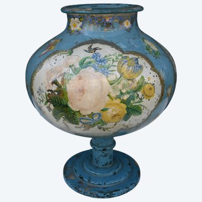 Original vase en verre églomisé à décor de fleur XIX