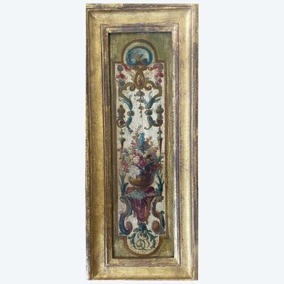 Pannello decorativo di inizio XIX secolo. Olio su tavola. Motivi floreali e arabeschi.