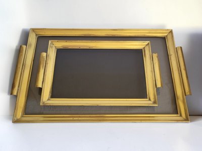 Hollywood Regency brass tray, 1960s / Smoked glass