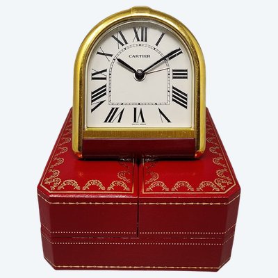 1980s Cartier "Romane" 18K Gold Plated Travel & Desk Alarm Clock with Original Box & Papers
