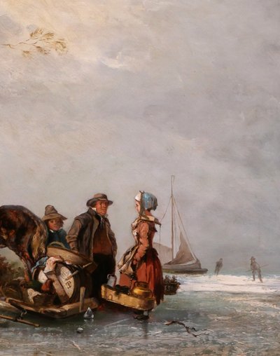 Eugène Lepoittevin 1809-1870 Paesi Bassi, scena di genere con pattinatori, dipinto circa 1840-50 paesaggio