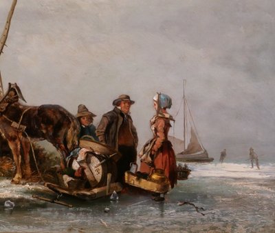 Eugène Lepoittevin 1809-1870 Paesi Bassi, scena di genere con pattinatori, dipinto circa 1840-50 paesaggio