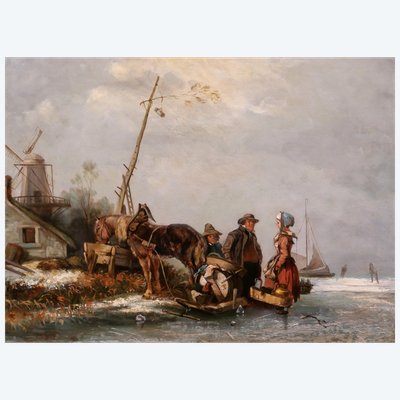 Eugène Lepoittevin 1809-1870 Paesi Bassi, scena di genere con pattinatori, dipinto circa 1840-50 paesaggio