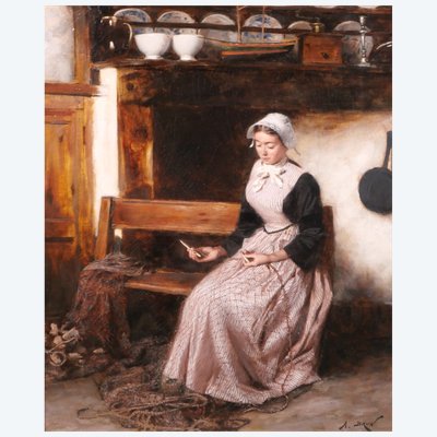 Alexandre Brun 1853-1941 Bretagna, Donna che ripara le reti, dipinto circa 1890-1900, pescatore