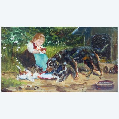 Scuola del XIX secolo, cani e gatti, dipinto monogrammato GB, stile impressionista, animali, setter Gordon