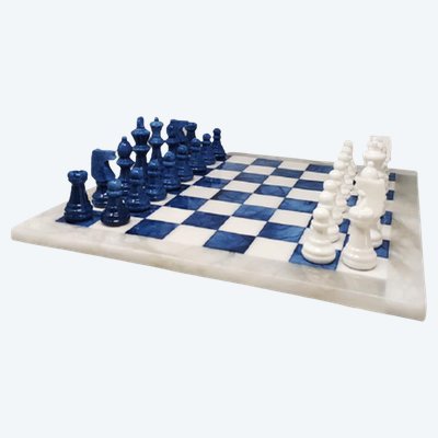 Jeu d'échecs Volterra en albâtre, Italie, années 1970 - Bleu cobalt et blanc