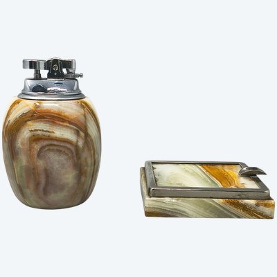 Set da fumo italiano in onice, stile Mid-Century Modern, anni '60, con accendino da tavolo e posacenere.