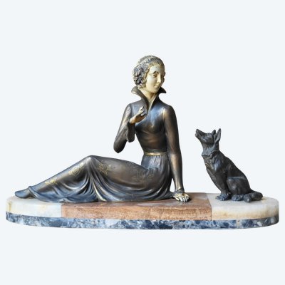 Art Deco sculpture, "Woman and her dog," circa 1930