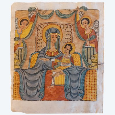 Ethiopia - Coptic illumination on vellum - Virgin and Child and Trinity - late 19th century -