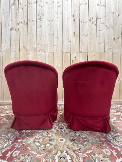 Paire de fauteuils crapauds velours rouge bordeaux - Style Napoléon III