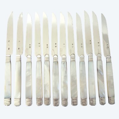 Suite de 12 couteaux à fruits, lames argent massif, manches en nacre - poinçons Coq & Vieillard
