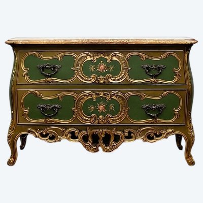 COMMODE SAUTEUSE VÉNITIENNE GALBÉE STYLE LOUIS XV EN BOIS DORÉ ET BOIS LAQUÉ