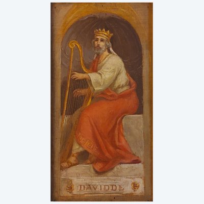 Anonymous (?) - King David with a harp - oil on panel - c. 1850