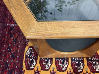 Octagonal GPlan side table from the 1970s in teak with a glass top