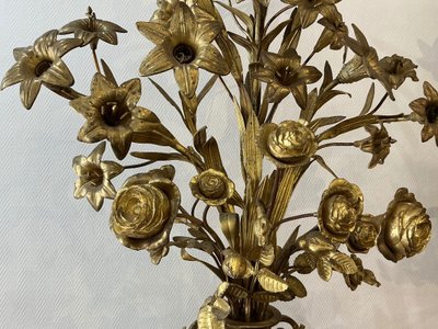 Pair of electrified brass flower bouquets from the 19th century