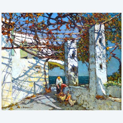 BONAMICI Louis (1878-1966) "Terrazza sulle rive del Mediterraneo" Provenza Marsiglia Grecia