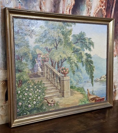 OIL-ON-CANVAS PAINTING DEPICTING A ROMANTIC SCENE