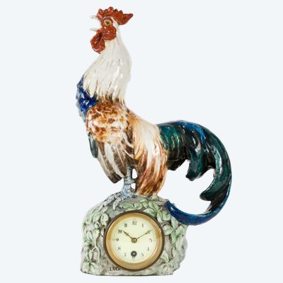 E. Lachenal, Coq horloge, Céramique Barbotine Art Nouveau