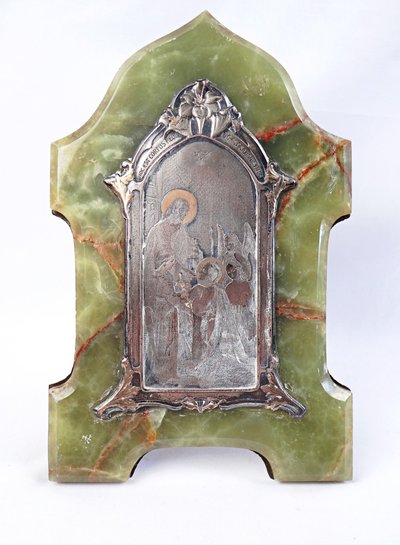 Kommunion-Erinnerungsplakette im Jugendstil aus grünem, gemasertem Onyx und Bronze, Anfang des 20. Jahrhunderts