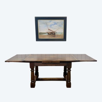 Late 19th-century English monastery table with extension leaves, made of elm and oak 