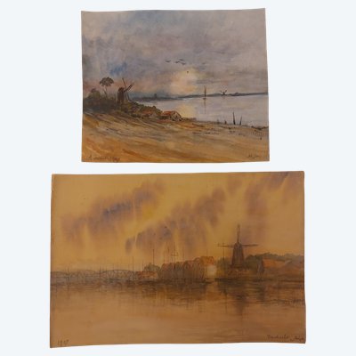 Alfred KELLER - (19th–20th century) - 2 watercolors - Netherlands - Antwerp - Dordrecht - 1907 -