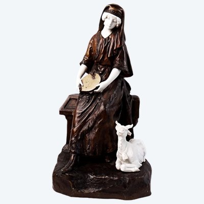 "La Bergère" by Mednat, Art Deco statue, Regule and biscuit porcelain, early 20th century