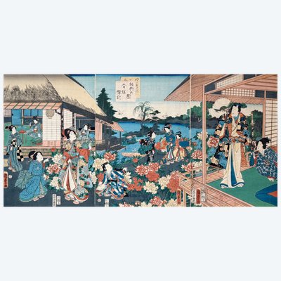 Utagawa Kunisada II – Trittico ukiyo-e – Il giardino delle peonie