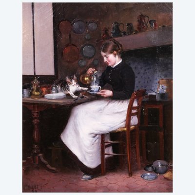 Adolphe BINET 1854-1897 Donna con gatto, dipinto, 1883, interno, animali, cucina, impressionismo