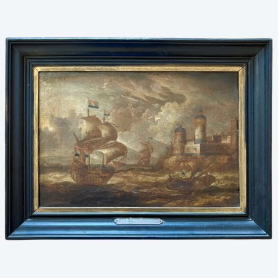 Peter VAN DEN VELDE (1634-1724) Nave fiamminga al largo di un forte del XVII secolo