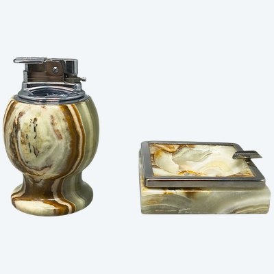 Set da fumo italiano in onice, stile Mid-Century Modern, anni '60, con accendino da tavolo e posacenere.