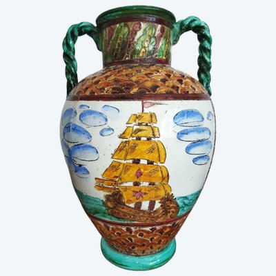 CERART MONACO VASE Antique Painted and Glazed Ceramic Boat Decor 1954 COLLECTION