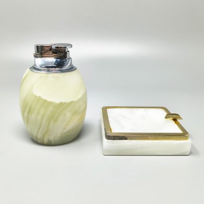 1960s Mid-Century Modern Italian Onyx Smoking Set with Table Lighter & Ashtray