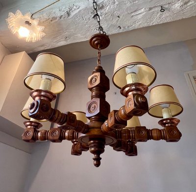 Lustre en bois reconstruction Bretagne 1950 Dudouyt