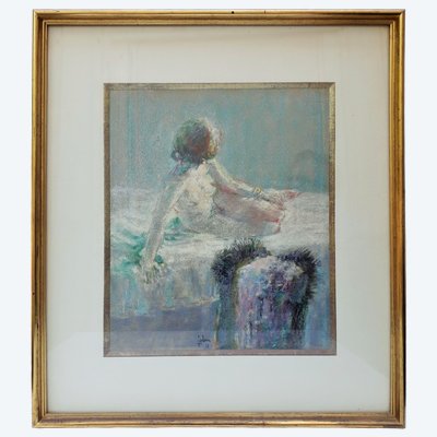 Quadro a pastello raffigurante una donna nuda, 1965, firmato (Fabien Louis Pouilloux)