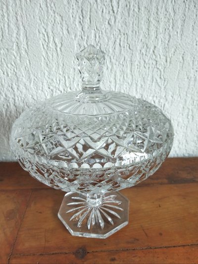 Large Antique Candy Dish on a Pedestal in Cut and Molded Crystal