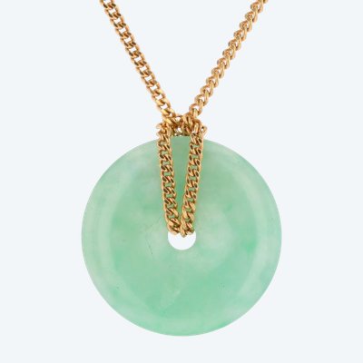 Yellow Gold Cuff Bracelet With Jade Disc